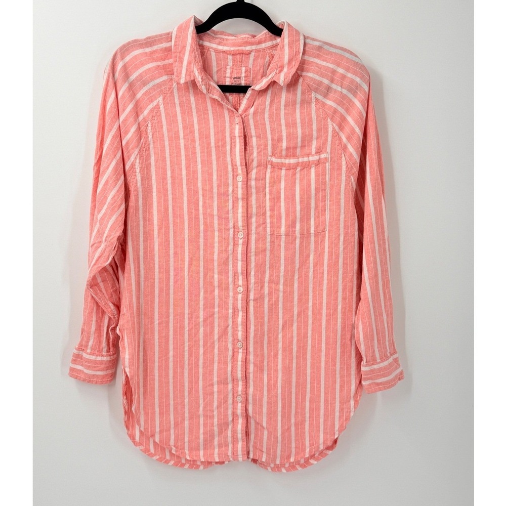 Aerie Linen Blend Button Down Shirt Womens sz XS Pink White Stripe Preppy Beach